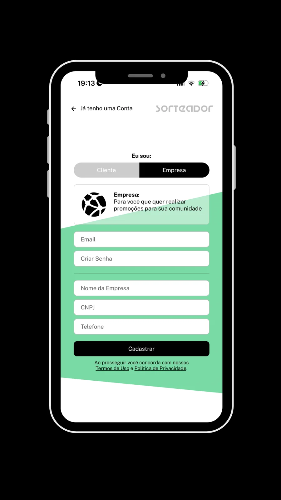 Tela 1 do app Sorteador para empresas