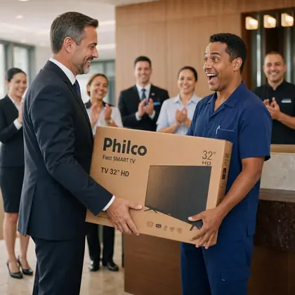 Cliente recebendo pr&ecirc;mio em campanha promocional